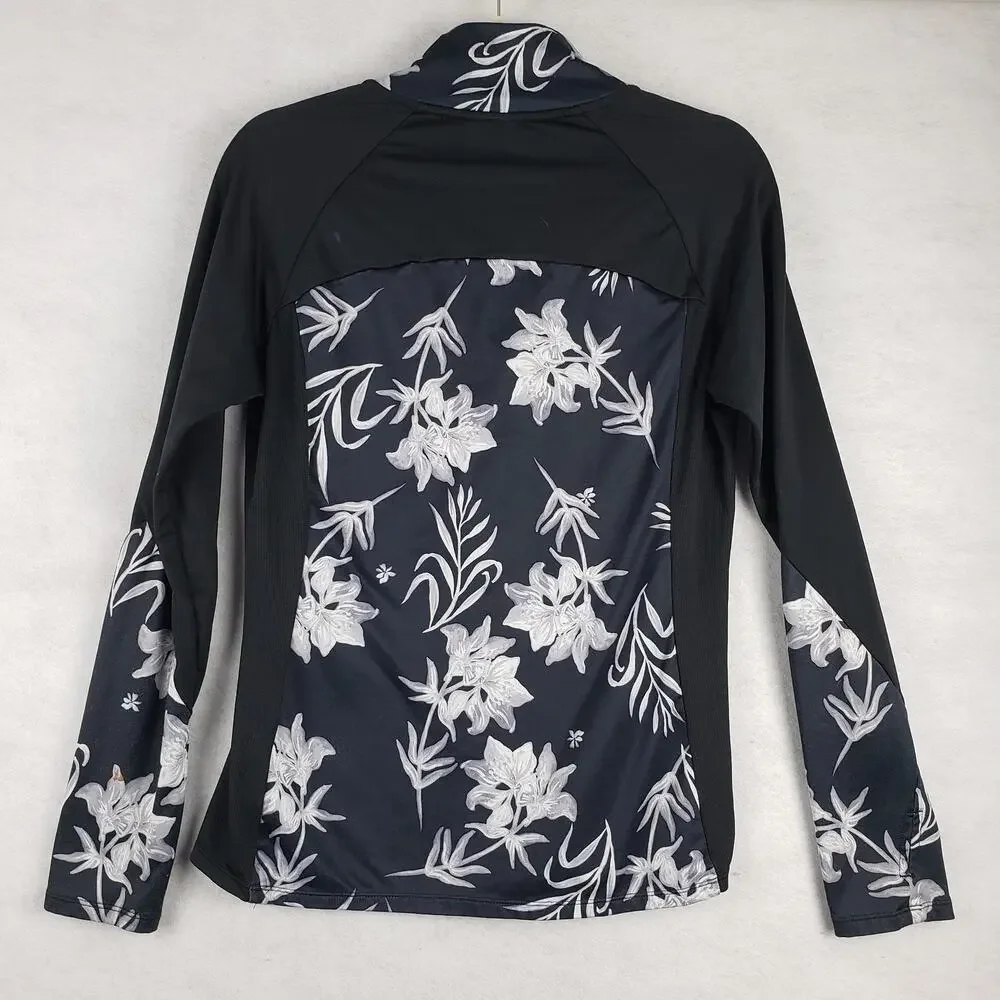 Roxy Women's M Long Sleeve Rash Guard Sun Shirt Black White Floral‎ Hawaiian